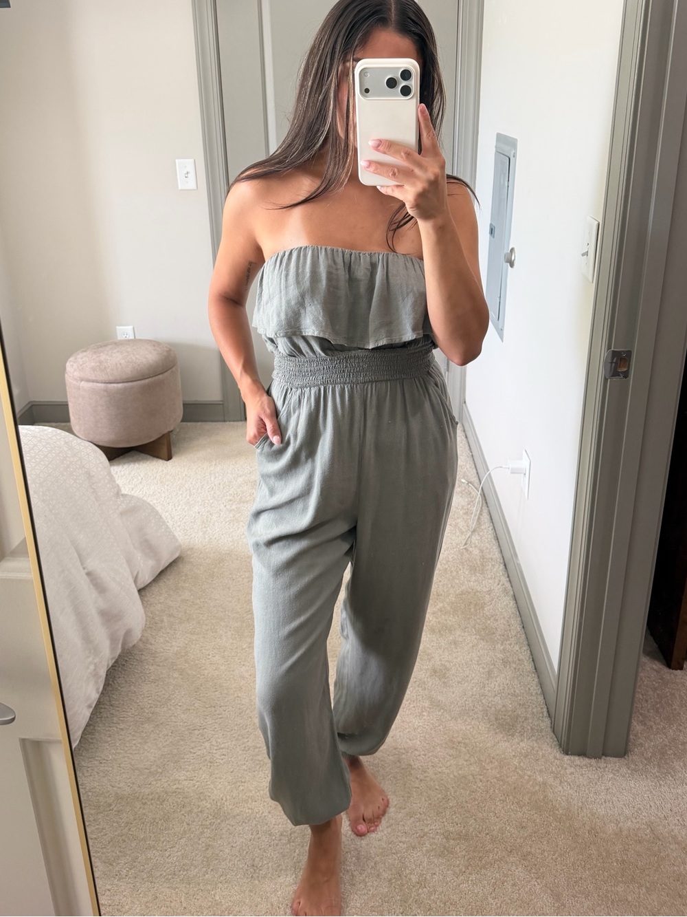Solid tube Smocked Waist Jumpsuit in olive Green